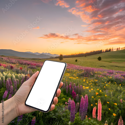 Hand Holding Smartphone with Blank Screen in Colorful Wildflower Field at Sunset