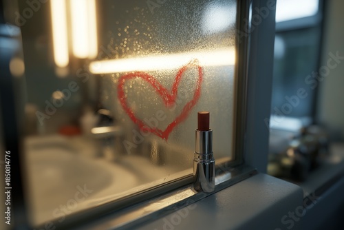 Lipstick heart on foggy mirror