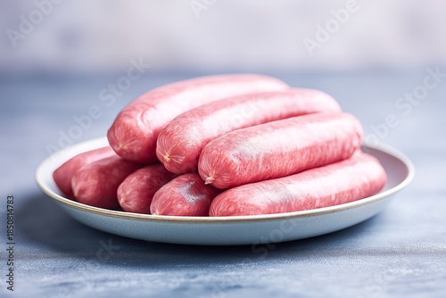 Fresh raw sausages on white plate