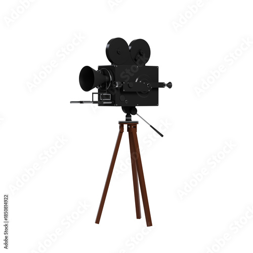 Perfective view of a vintage movie camera on a wooden tripod 3d render