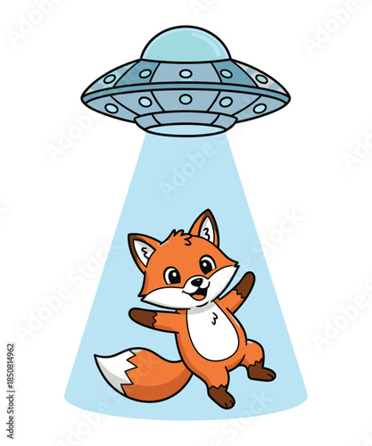 A cartoon illustration of a cute little fox being beamed up by a flying saucer