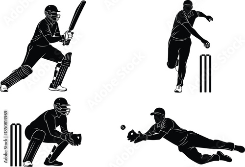 Cricket Players Silhouette Set Featuring Batsman Bowler Wicketkeeper and Fielder Action Poses Professional Sports Icons Isolated on Plain White Background