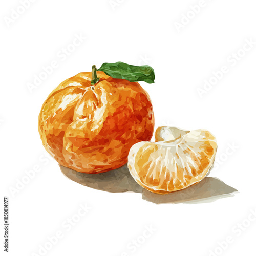 Mandarin in detailed isometric watercolor art, isolated on a pure white backdrop.