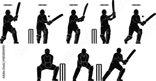 Cricket Batsman Silhouette Collection Featuring Various Batting Stance Poses Action Shots Playing Sports Icons and Professional Cricketer Player Set Isolated on White