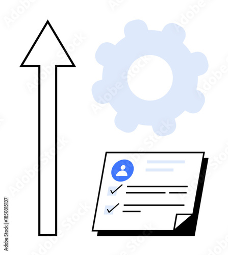 Upward arrow symbolizes progress, gear showcases process automation, and document highlights task completion. Ideal for productivity, innovation, strategy, success, efficiency, team management