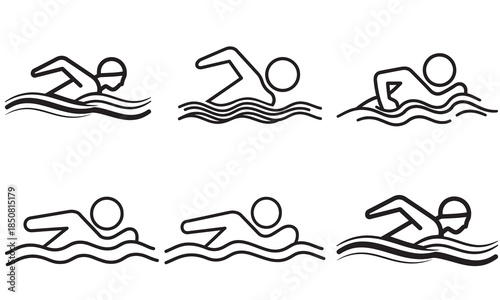 A collection of six line art icons depicting swimmers engaged in different swimming activities and strokes.