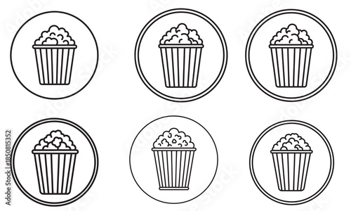 Six simple popcorn bucket icons in circles on a white background, black line art style