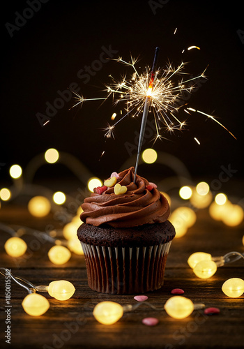 Chocolate Cupcake With Sparkler And Hearts Of Lights