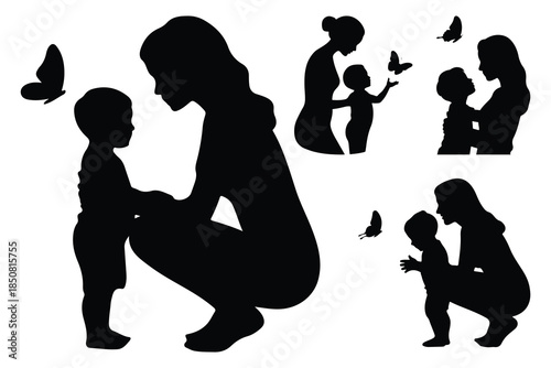 Silhouettes of adults and children interacting with butterflies