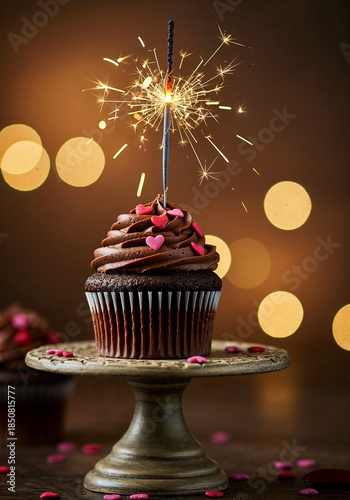 Chocolate Cupcake With Sparkler And Hearts Of Lights
