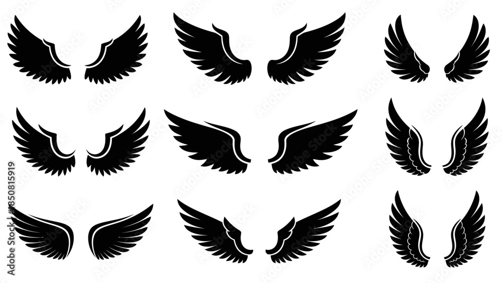 Obraz premium A set of nine different style wing illustrations in minimalist flat black style on a white background. Use these wings for graphic design projects.