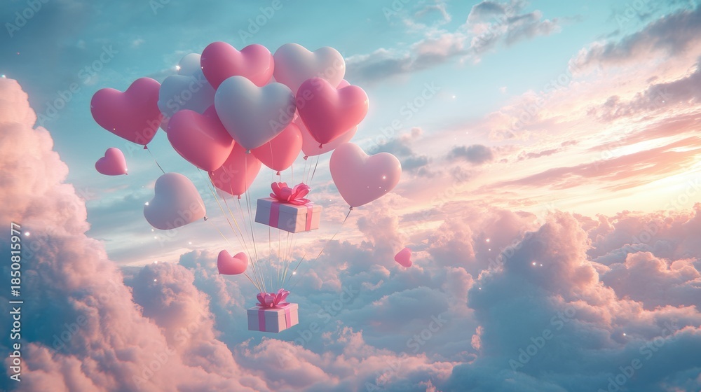 Obraz premium A Box flying on a parachute with pink cloud in valentine day,package flying down from sky and cloud with parachute, concept for delivery service,shopping online,air delivery service.