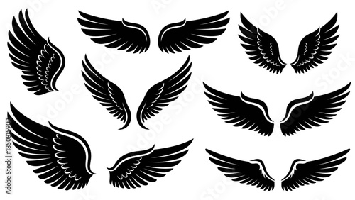 A set of decorative graphic elements featuring black silhouette angel wings in various styles and poses. Ideal for adding a touch of fantasy, spirituality, or freedom to your designs.