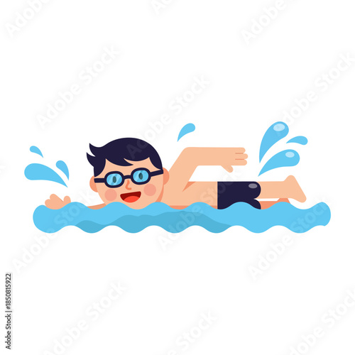 An illustration of a young boy happily swimming freestyle in a blue pool of water. He is wearing glasses and a dark swimsuit.