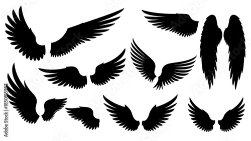 A collection of various detailed silhouette angel wing illustrations perfect for decoration and design needs. This asset provides multiple wing shapes, sizes, and styles.