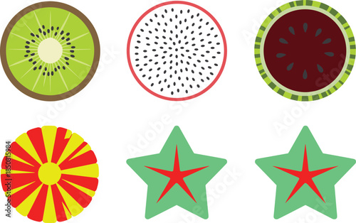 Flat minimalist fruit slice icons set with kiwi dragon fruit watermelon pineapple and star shapes colorful vector illustration