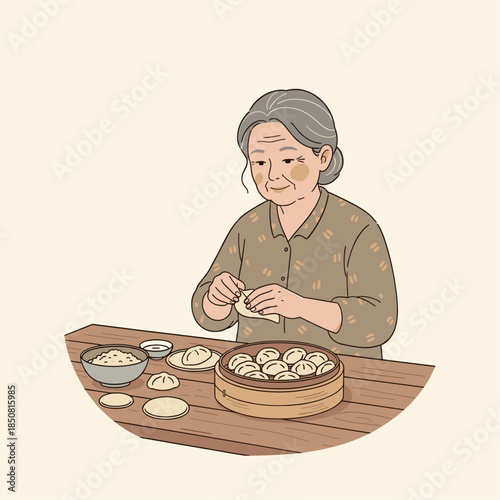 A kind elderly woman carefully wrapping traditional handmade dumplings at a wooden table