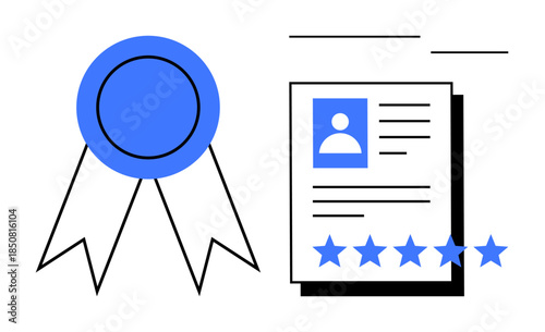 Blue badge and document with profile photo and star ratings represent achievement, certification, and quality assurance. Ideal for education, resumes, awards, proficiency, business validation