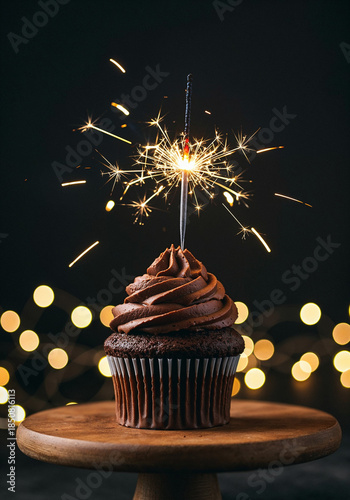 Chocolate Cupcake With Sparkler And Hearts Of Lights