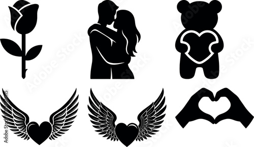 Romantic Love Silhouettes Collection with Hugging Couple, Winged Hearts, Teddy Bear and Heart Hand Gesture