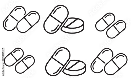A collection of line art icons representing medical pills and capsules