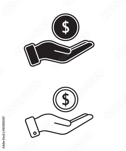 Simple black and white icons showing a hand receiving a dollar coin, representing payment and donation.