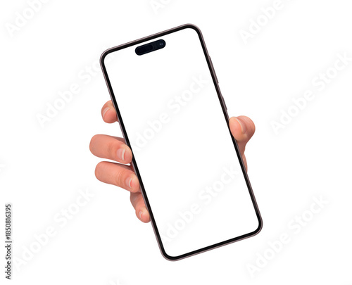 Close-up of a hand showing smartphone with a blank screen, isolated on transparent PNG. High quality studio shot. Concept for technology, business, finance, advertising and lifestyle themes.
