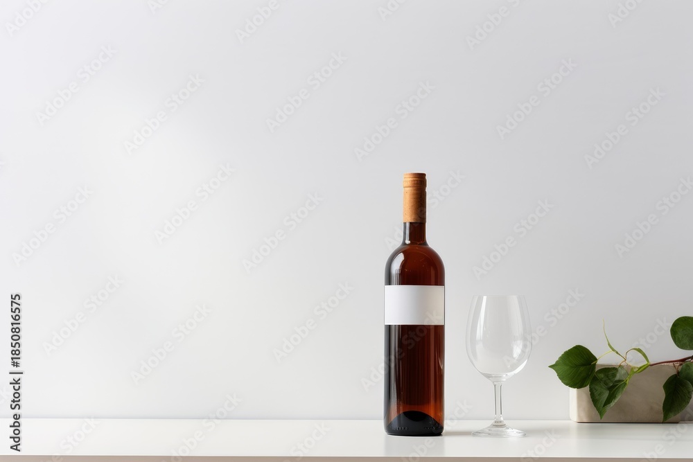 Fototapeta premium Wine bottle with blank label stands next to empty glass and potted plant on white surface