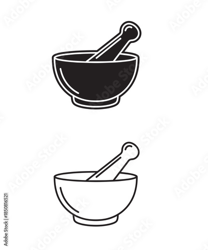 A set of mortar and pestle icons in solid black fill and outline style