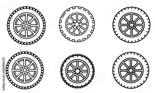 Set of six different car wheel line art icons on a white background