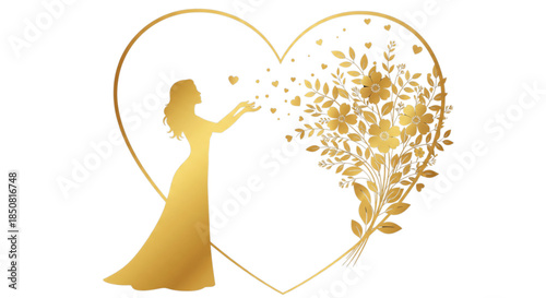 Golden Heart Silhouette Woman Releasing Flowers for Love Romance Wedding Celebration Design