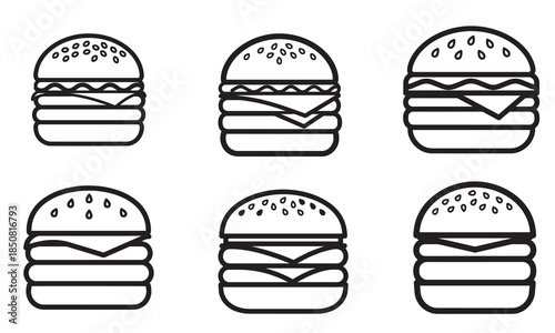 A collection of six minimalist black and white line art icons depicting different types of burgers