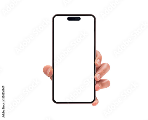 Close-up of a hand showing smartphone with a blank screen, isolated on transparent PNG. High quality studio shot. Concept for technology, business, finance, advertising and lifestyle themes.
