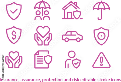 Insurance protection and risk management line icon set with home health car finance safety symbols editable stroke vector illustration