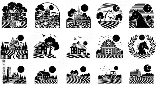 Rustic Farm Barns and Fields Vector Icons for Agriculture, Countryside Branding, and Rural Business Marketing Designs