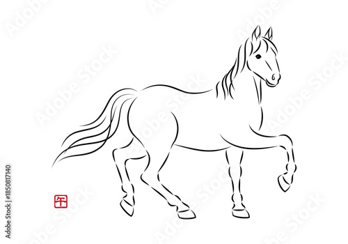 歩いている美しい白馬のイラスト 墨絵風でお洒落な午年の年賀状素材 ベクター