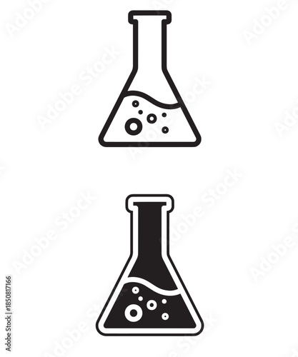 Simple black and white laboratory conical flask icon set with bubbles inside