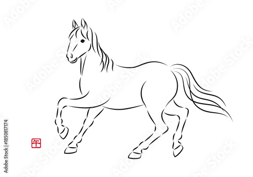 歩いている美しい白馬のイラスト 墨絵風でお洒落な午年の年賀状素材 ベクター