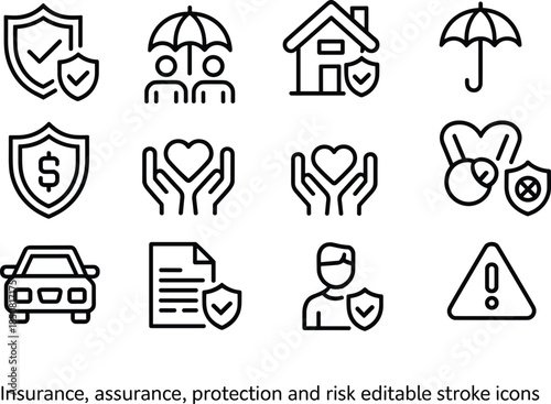 Insurance protection and risk management line icon set with home health car finance safety symbols editable stroke vector illustration