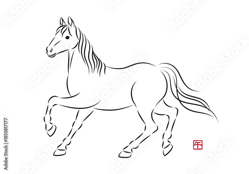 歩いている美しい白馬のイラスト 墨絵風でお洒落な午年の年賀状素材 ベクター