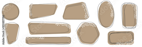 Organic frames collection with abstract brown shapes and doodle white dots. Hand drawn artistic design element for text box template aesthetic.