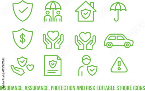 Insurance protection and risk management line icon set with home health car finance safety symbols editable stroke vector illustration