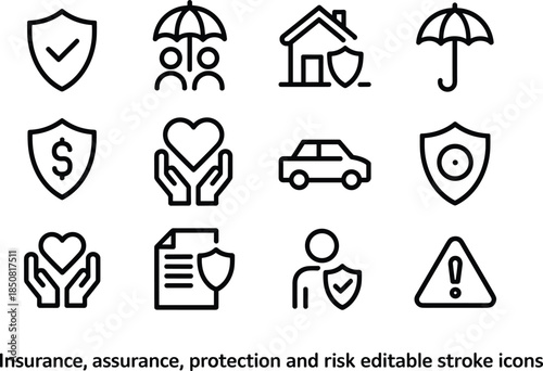 Insurance protection and risk management line icon set with home health car finance safety symbols editable stroke vector illustration