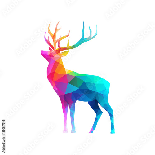 Vibrant geometric low poly stag with impressive antlers standing majestically isolated on transparent background