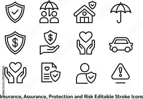 Insurance protection and risk management line icon set with home health car finance safety symbols editable stroke vector illustration