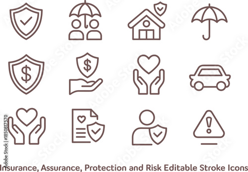 Insurance protection and risk management line icon set with home health car finance safety symbols editable stroke vector illustration