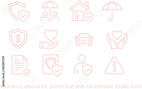 Insurance protection and risk management line icon set with home health car finance safety symbols editable stroke vector illustration