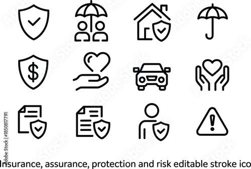 Insurance protection and risk management line icon set with home health car finance safety symbols editable stroke vector illustration