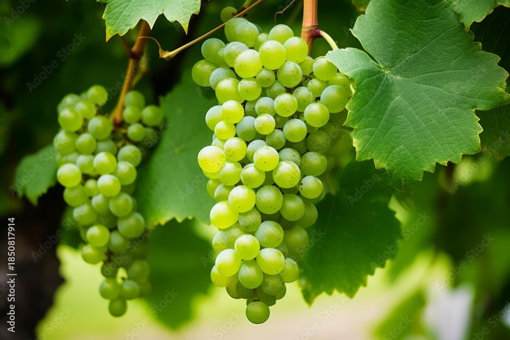 Fototapeta premium Green grapes growing in vineyard, ready for harvest, wine production concept
