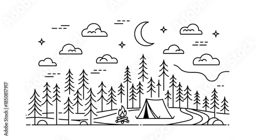 Night Camping Adventure Serenity: Tent, Campfire, Stars, Moon, Forest Landscape for Outdoor Travel and Nature Exploration